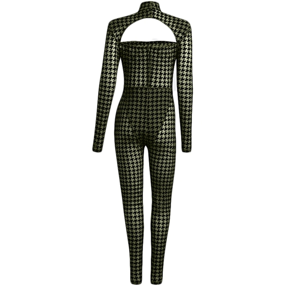 Ivy Park Adidas Wild Pine Green and Black Velvet and Mesh Gingham Print Catsuit - Picture 2 of 2